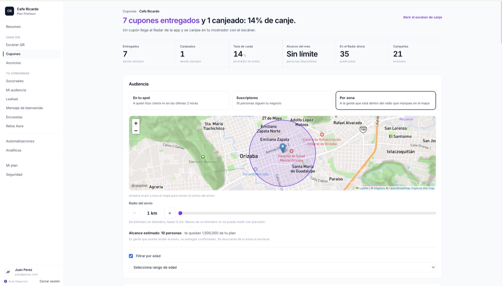 Panel de Aura para negocios: la pantalla de cupones con el mapa para elegir el punto y el radio del envío